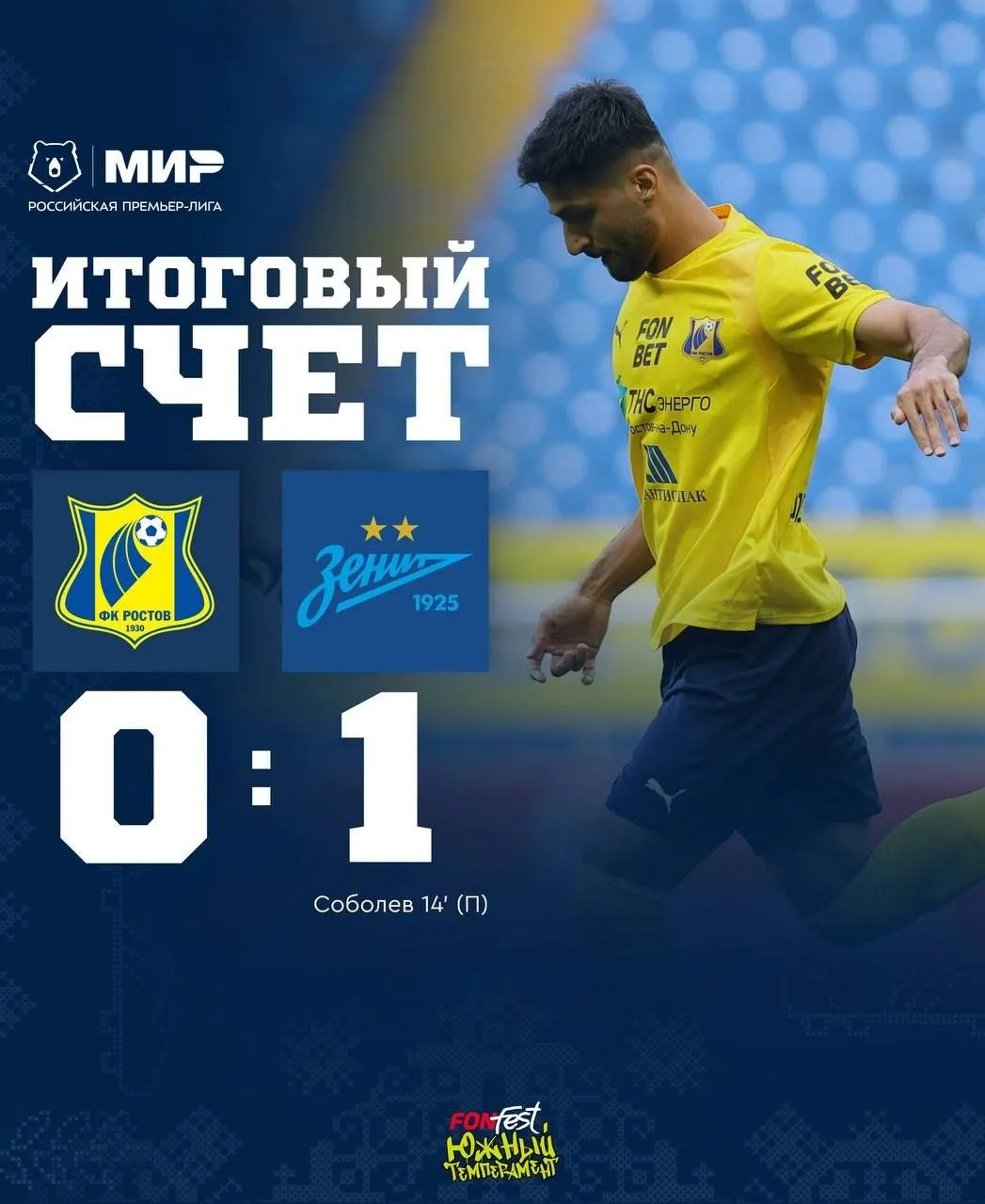 В матче между «Ростовом» и «Зенитом» победу одержали гости — 1:0.