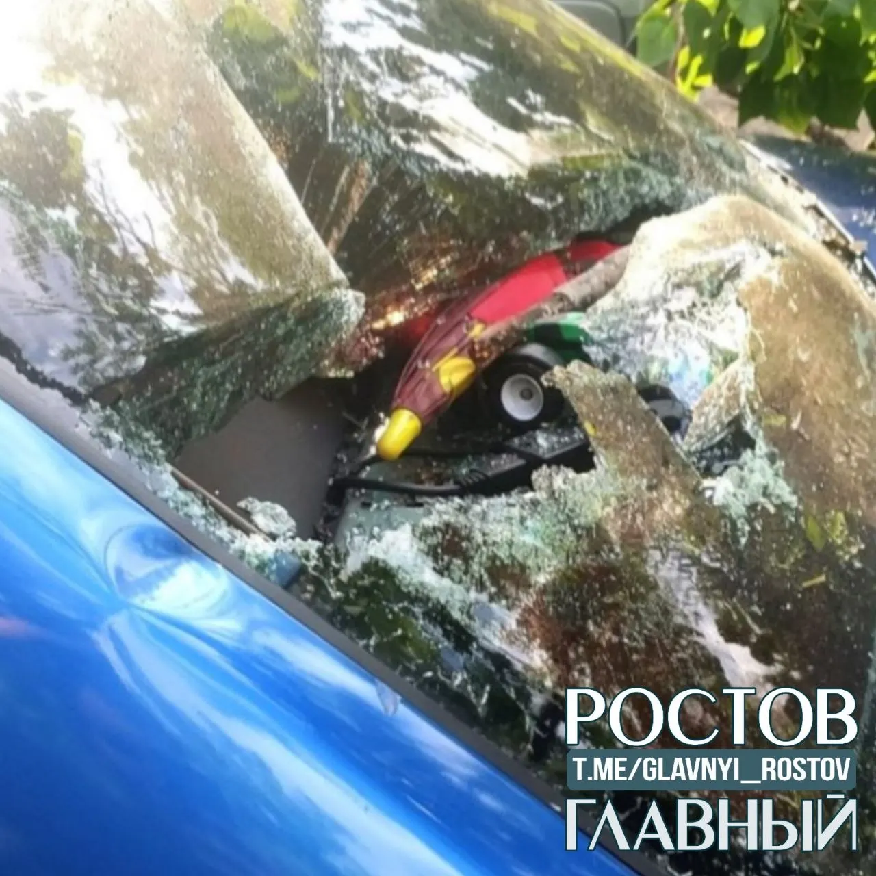 В Ростове-на-Дону на улице Ленина рухнувшее дерево серьёзно повредило припаркованный автомобиль: у машины разбита задняя часть и выбито окно.