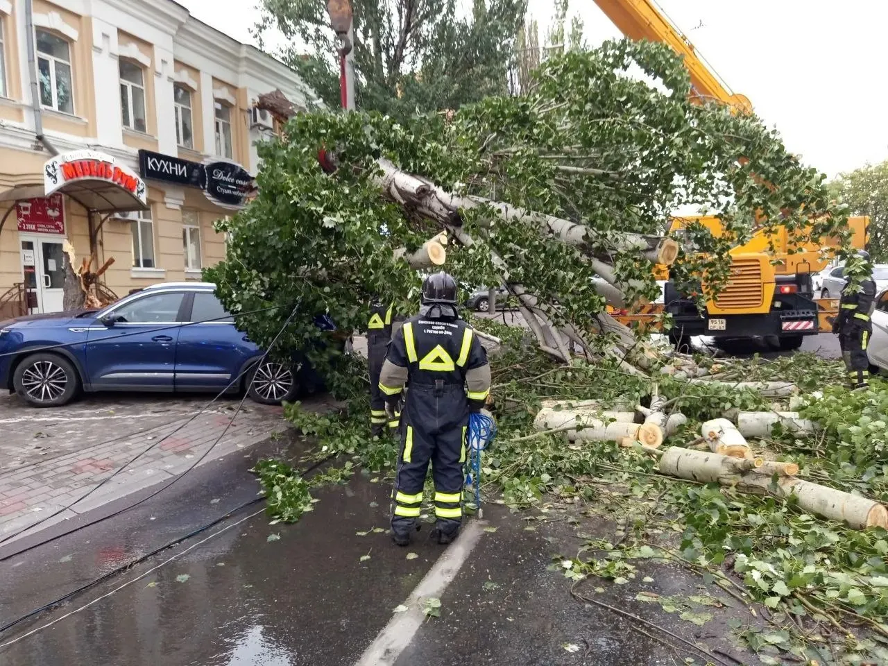 Сильный ливень с порывистым ветром и градом с 16:00 повалил 37 деревьев, один человек госпитализирован; работают спасатели и аварийные бригады, шторм продлится до субботы.