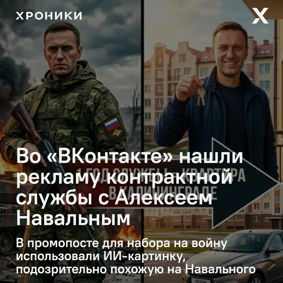 В объявлении о наборе на службу по контракту показали ИИ‑сгенерированное изображение, напоминающее Алексея Навального. Организация, разместившая рекламу, позже признала, что картинка создана искусственным интеллектом и объяснила инцидент ошибкой в маркетинге.