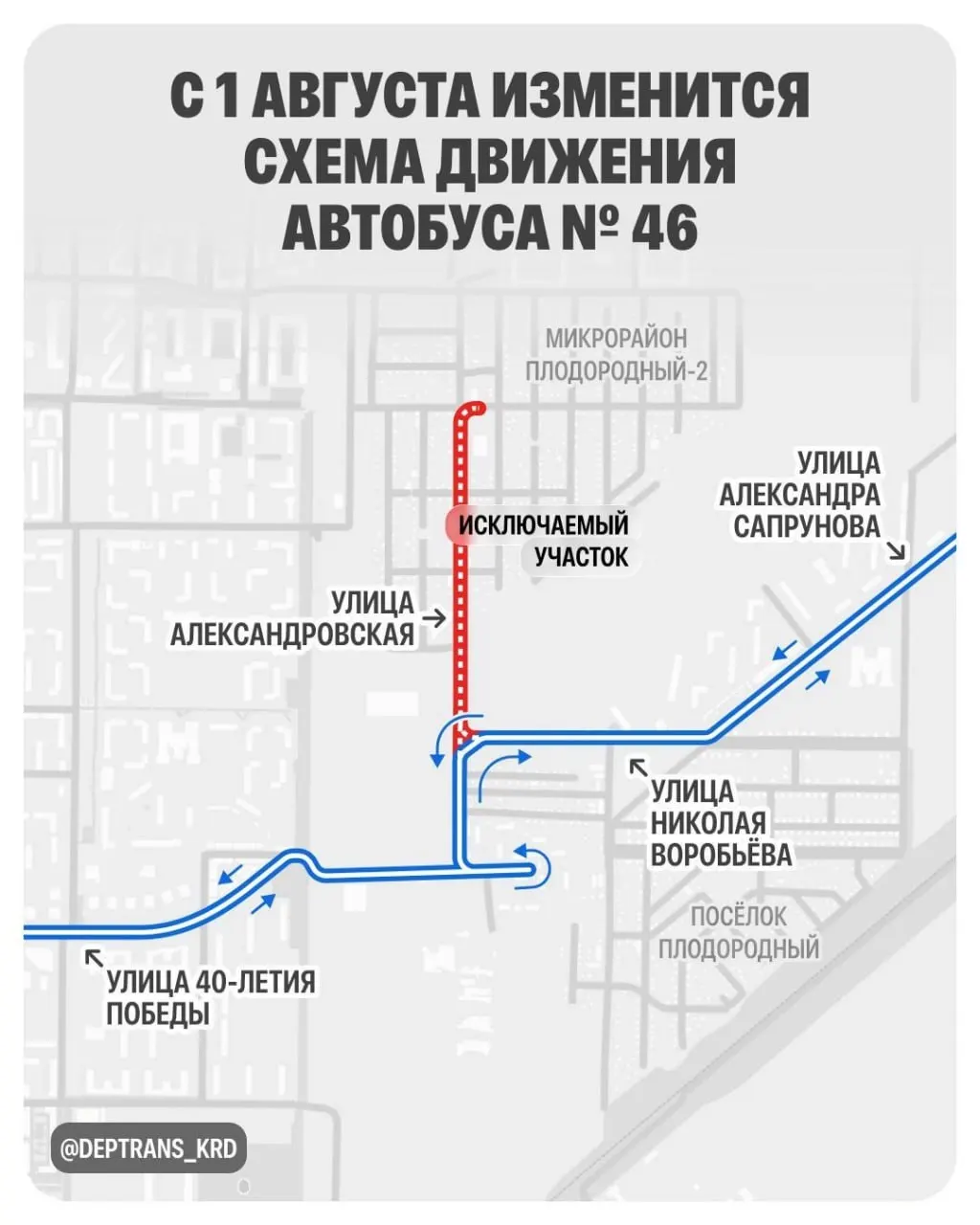 С 1 августа маршрут №46 перестанет заезжать на улицу Александровскую — его заезд будет выполнять маршрут №56. Власти говорят, что это повысит качество обслуживания пассажиров.