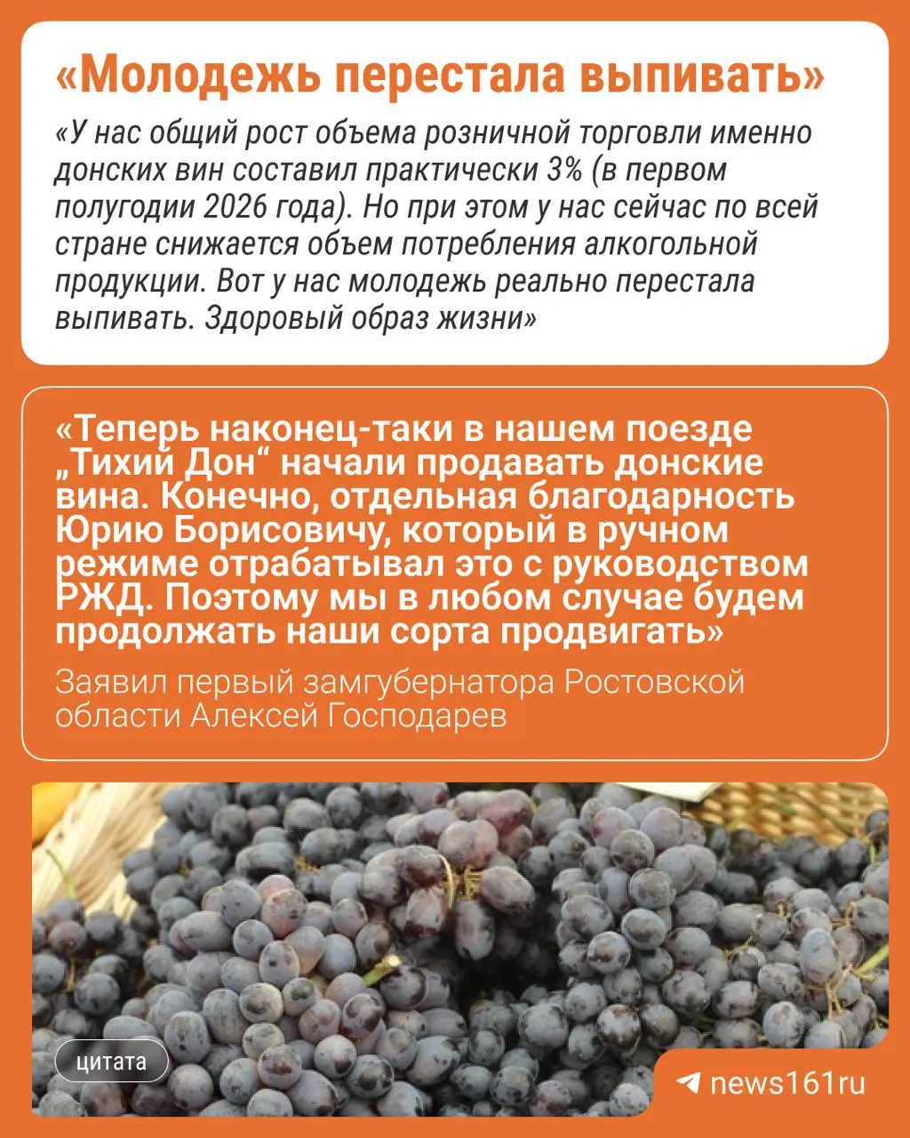 У ростовских виноделов в первом полугодии 2026 года выросли продажи, но в целом по России спрос на алкоголь сокращается — молодёжь покупает его меньше, сообщил первый замгубернатора Ростовской области Алексей Господарев.