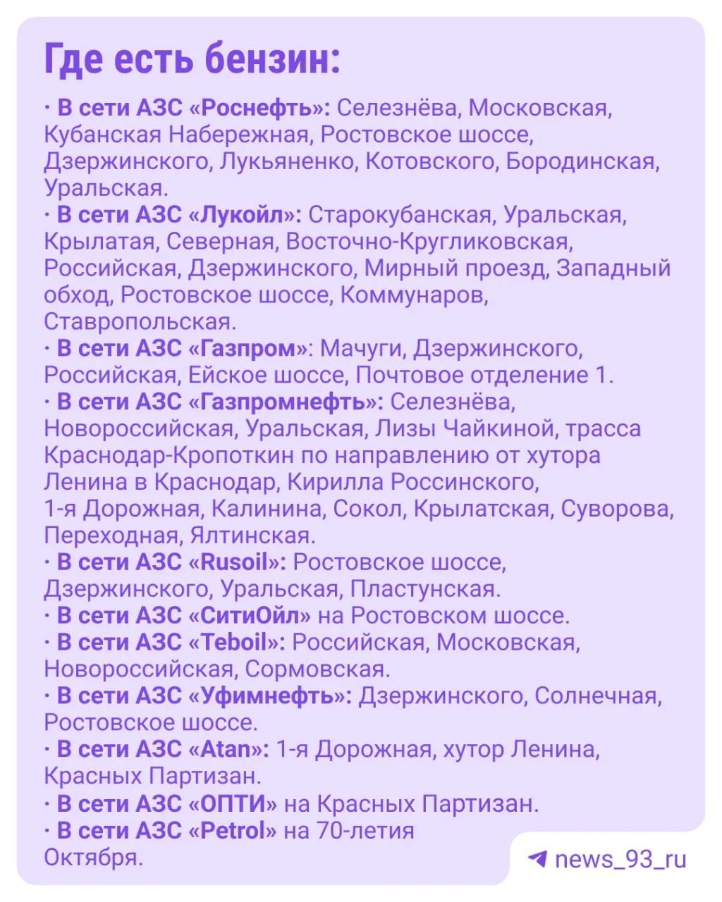 По данным городской администрации: АИ‑92 и АИ‑95 доступны на 33 АЗС, АИ‑100 — на 11, дизель — на 59; всего работает 63 станции.