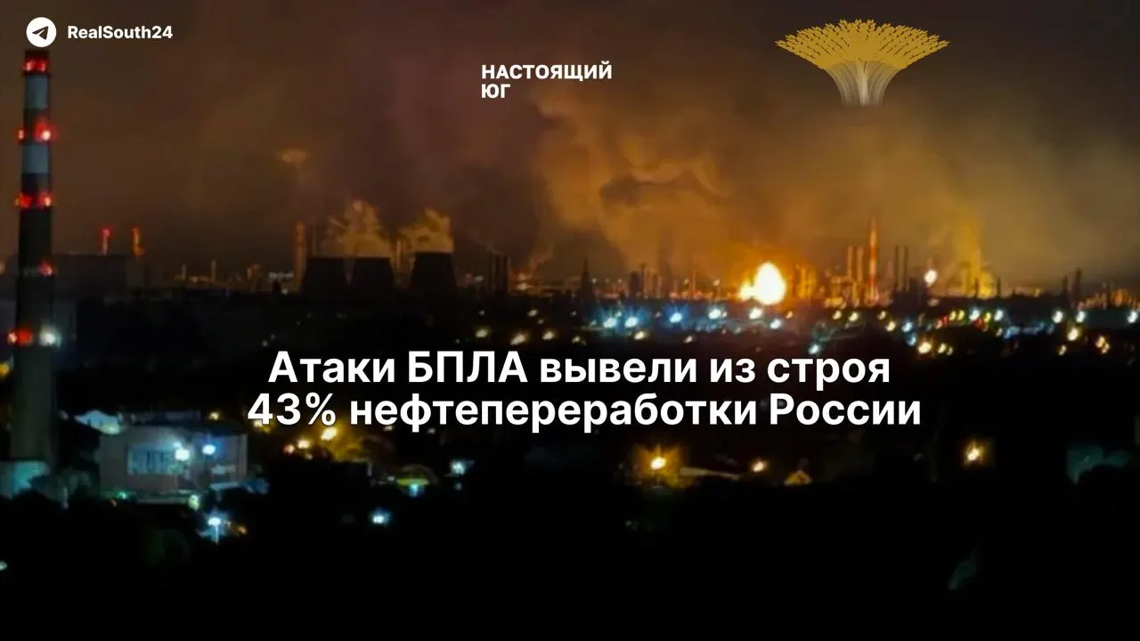 Серийные удары беспилотников повредили ключевые нефтеперерабатывающие мощности: под удар попали 8 из 10 крупнейших НПЗ, что привело к дефициту топлива и делает оперативное восстановление практически невозможным из‑за санкций.