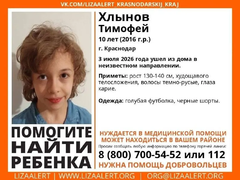 Тимофей Хлынов, 10 лет, ушёл из дома 3 июля в посёлке Краснодарском. Приметы и контакт горячей линии для сообщений о его местонахождении.