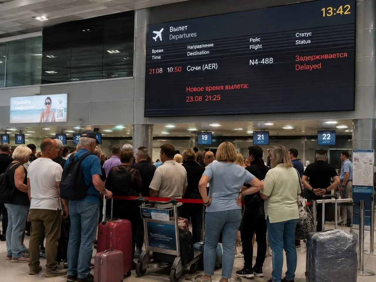 Рейс Nordwind 4-488 из Барнаула в Сочи не вылетел в запланированное время: переносы вылета происходили несколько раз, последняя дата — 23 августа в 21:25. Билеты продаются, официальных комментариев по причинам задержки нет.