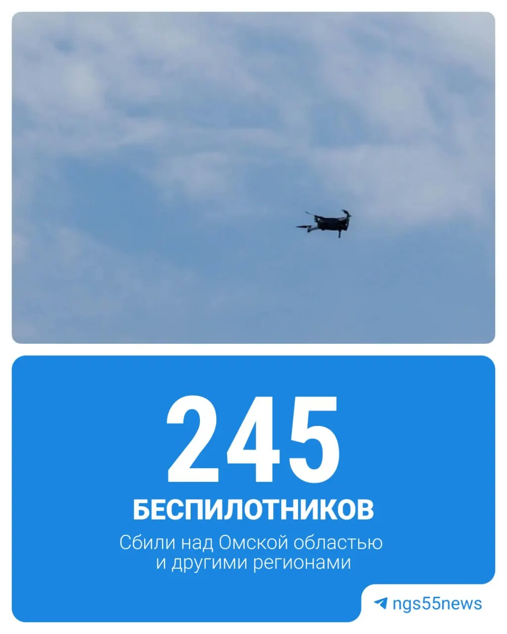 Минобороны заявило об уничтожении 245 украинских беспилотников самолетного типа над территориями нескольких регионов России. В Омской области сообщили о сбитых дронах и пожаре в поле из‑за обломков.