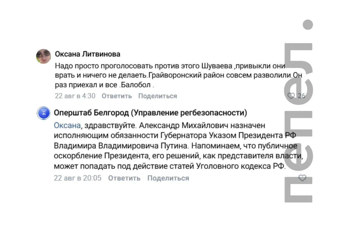 Жительница Грайворонского округа раскритиковала работу главы региона и заявила, что не поддержит его на предстоящих выборах; оперштаб предупредил о возможности уголовной ответственности за оскорбление представителя власти.