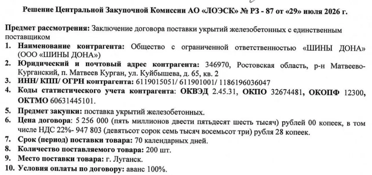 В документах указан Луганск как место поставки; опубликованы тендеры на укрытия с участием донских компаний; данные по крупнейшим лотам и истории закупок.
