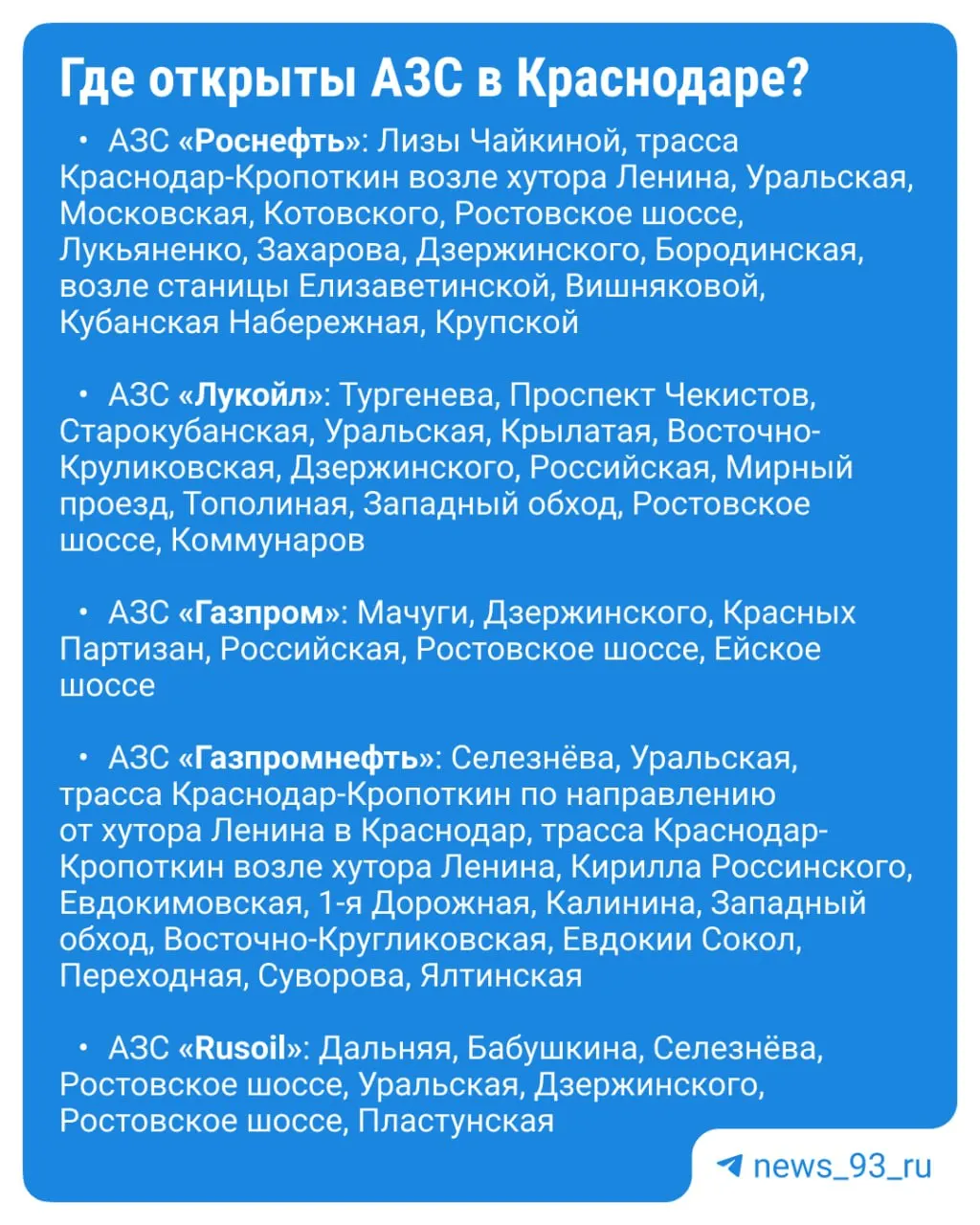 По состоянию на сегодня в Краснодаре работают 83 АЗС; опубликованы адреса действующих станций, уточнения по маркам бензина на конкретных заправках необходимы.
