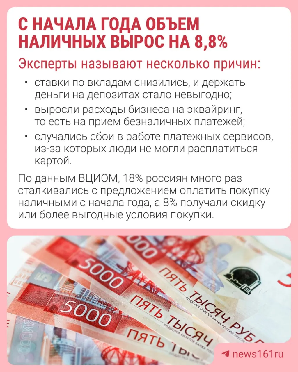 Объем наличных в обороте достиг 19,8 триллиона рублей; рост составил 8,8%, а доля наличных в денежной массе продолжает снижаться.