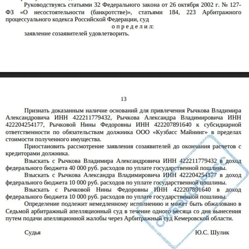 Арбитражный суд Кемеровской области привлек к субсидиарной ответственности Владимира Рычкова и его родственников по делу о банкротстве «Кузбасс Майнинг». Среди родственников — сын Александр Рычков, которого Путин назначил главой управления Следственного комитета по Иркутской области в середине октября.